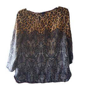 Ann Taylor Animal Lace Snakeskin Leopard Print Blouse Top Brown Black sz M